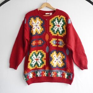 VTG Huntington Ridge Red Geometric Novelty Cable Knit Sweater Teacher Grandma M